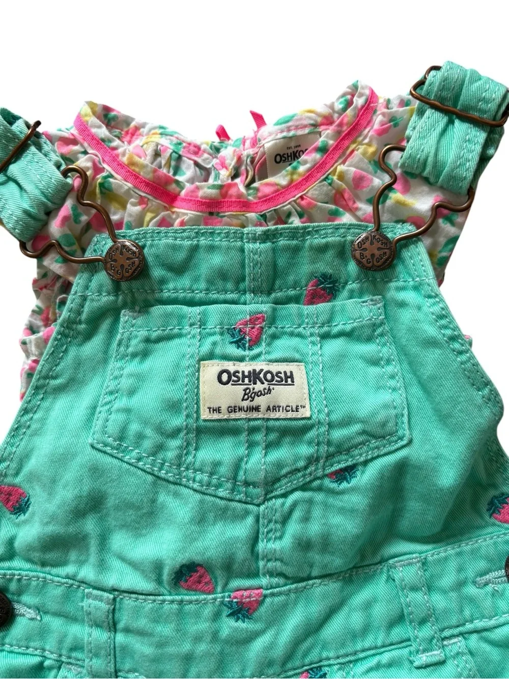 OshKosh Vestbak Strawberry Shortalls Outfit 6MO Matching Themed Pink Bodysuit